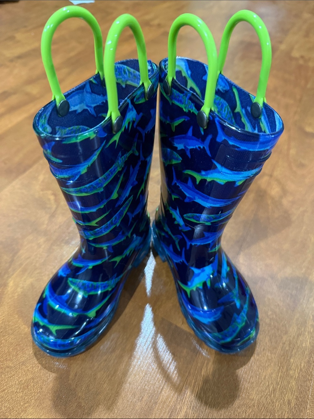 Western Chief Blue Shark Pattern Rain Boots with Lime Pull Handles